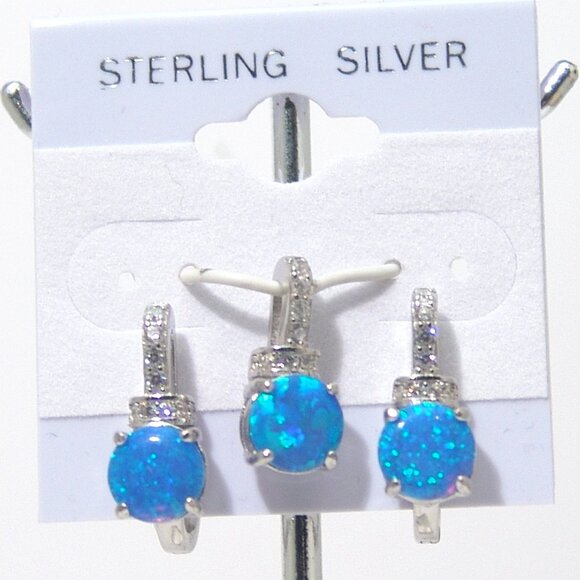Sterling Silver Earrings and Pendant SET Lab-Created Opals Rhodium Anti-Tarnish - Picture 1 of 5